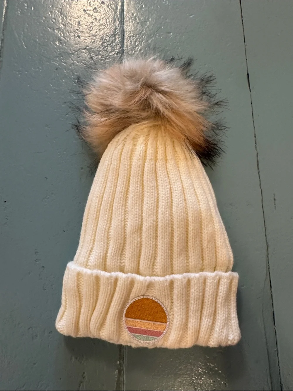 Cream Kids Pom Beanie with Striped Patch